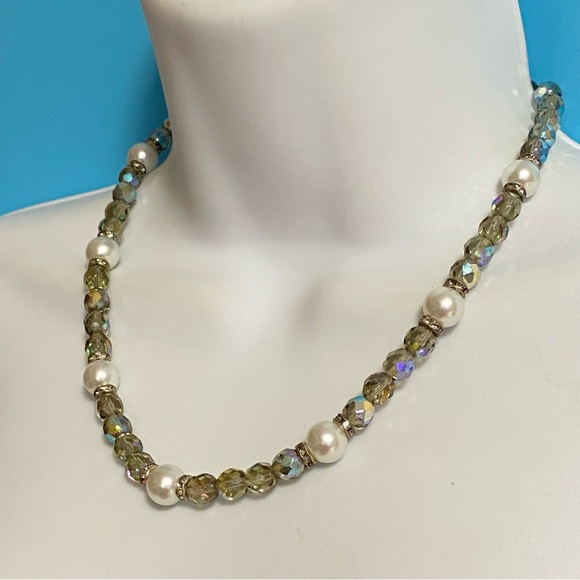 Crystal AB Beads Faux Pearls Necklace Sterling Clasp - Picture 7 of 7
